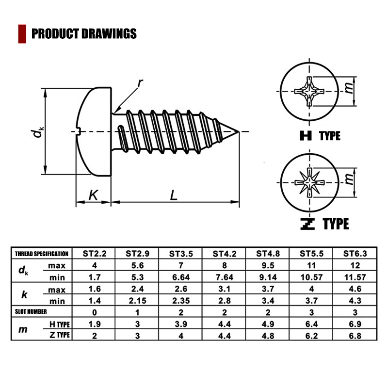 DIN 7981 Zinc Plated Galvanized Phillips Drive Cross Recessed Type Ab Thread Carbon Steel Stainless Steel 304 316 Pan Head Self Tapping Screw