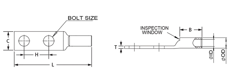 Two Hole Code Conductor Long Barrel Copper Grounding Terminal Cable Lug with Inspection Window