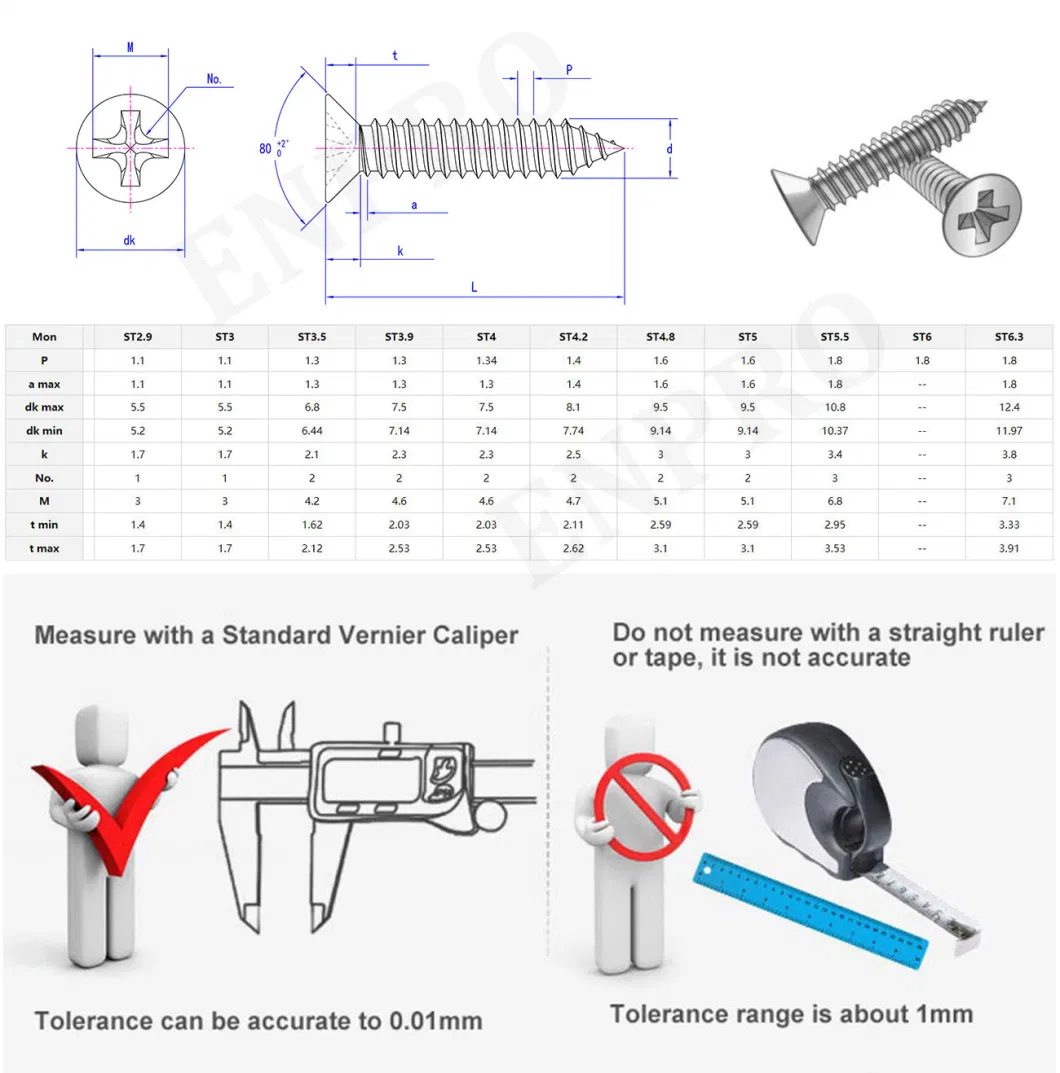 All Size Stainless Steel Carbon Steel Zinc Plated Galvanized M2 M2.5 M3 M3.5 Phillips Countersunk Flat Head DIN 7981 Self Tapping Screws