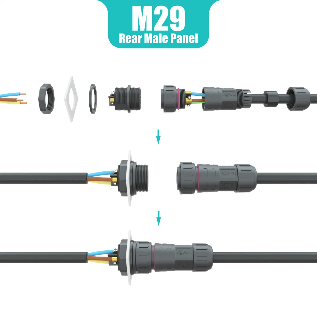 IP67 LED Lighting Junction Box Panel Mount Connector M29 3 Pin Rear Female Panel Socket Screw Type Wire Connection for Outdoor Electronic Devices