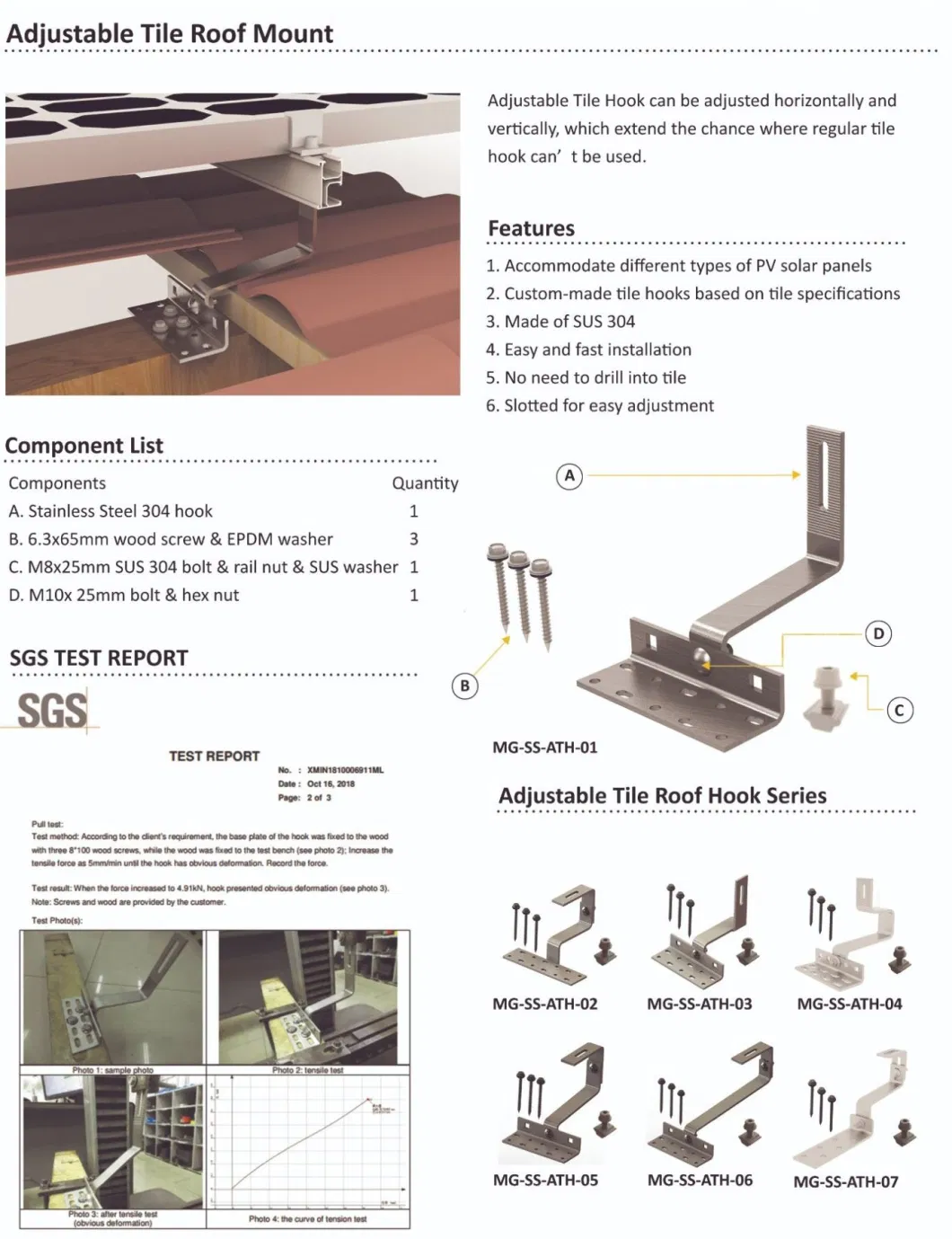 Lightweight Solar Adjustable Tile Roof Hooks for Easy Installation of Solar Panels