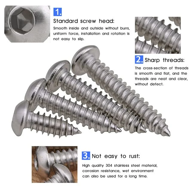 M4 X 16mm Stainless Steel 304 Metric Screws Button Head Hex Socket Cutting Screws Self-Tapping Screws