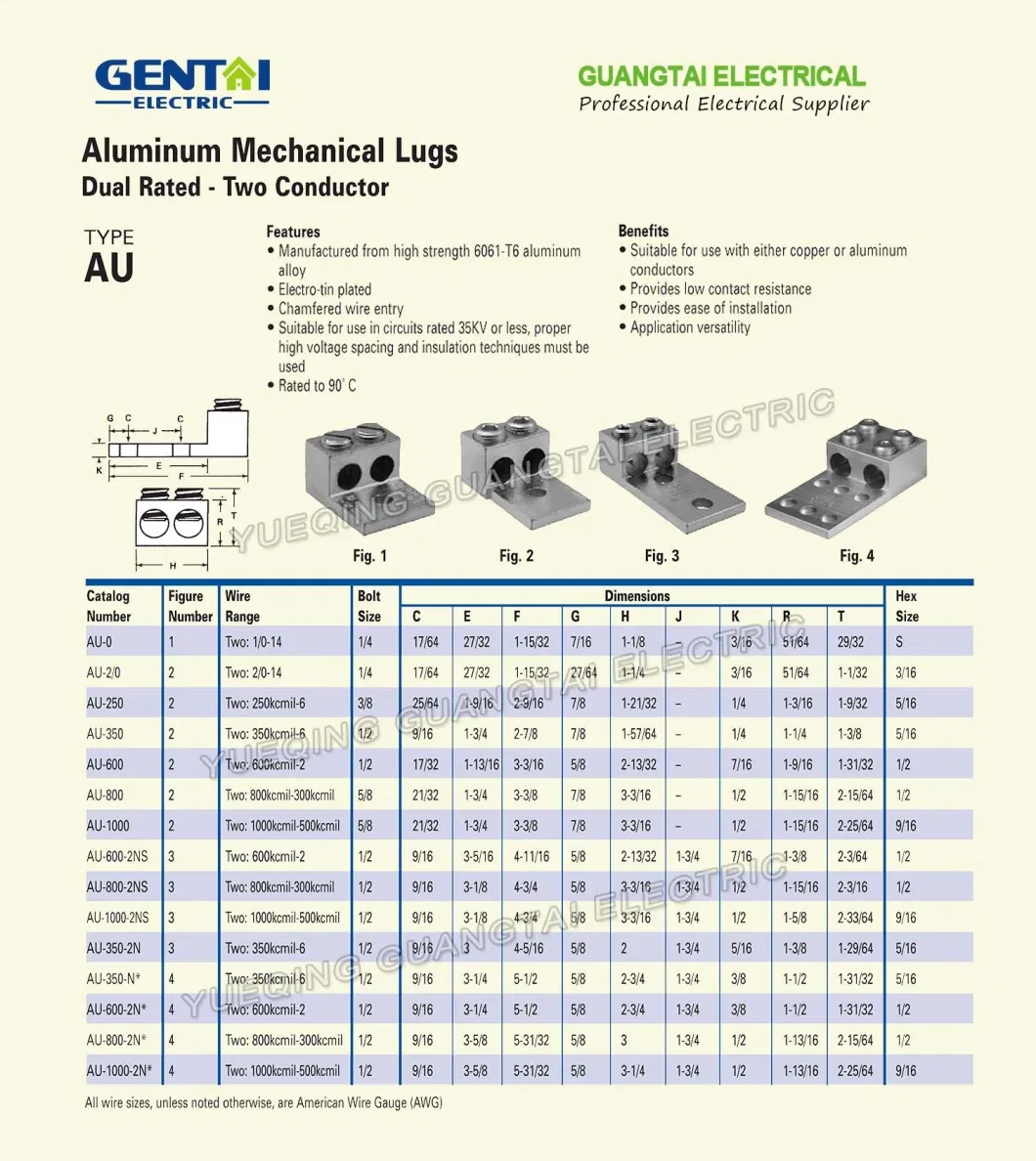 Au-0 Au-2/0 Au-250 Au-350 Au-600 Au-800 Two Conductor Au Type Aluminum Mechanical Terminal