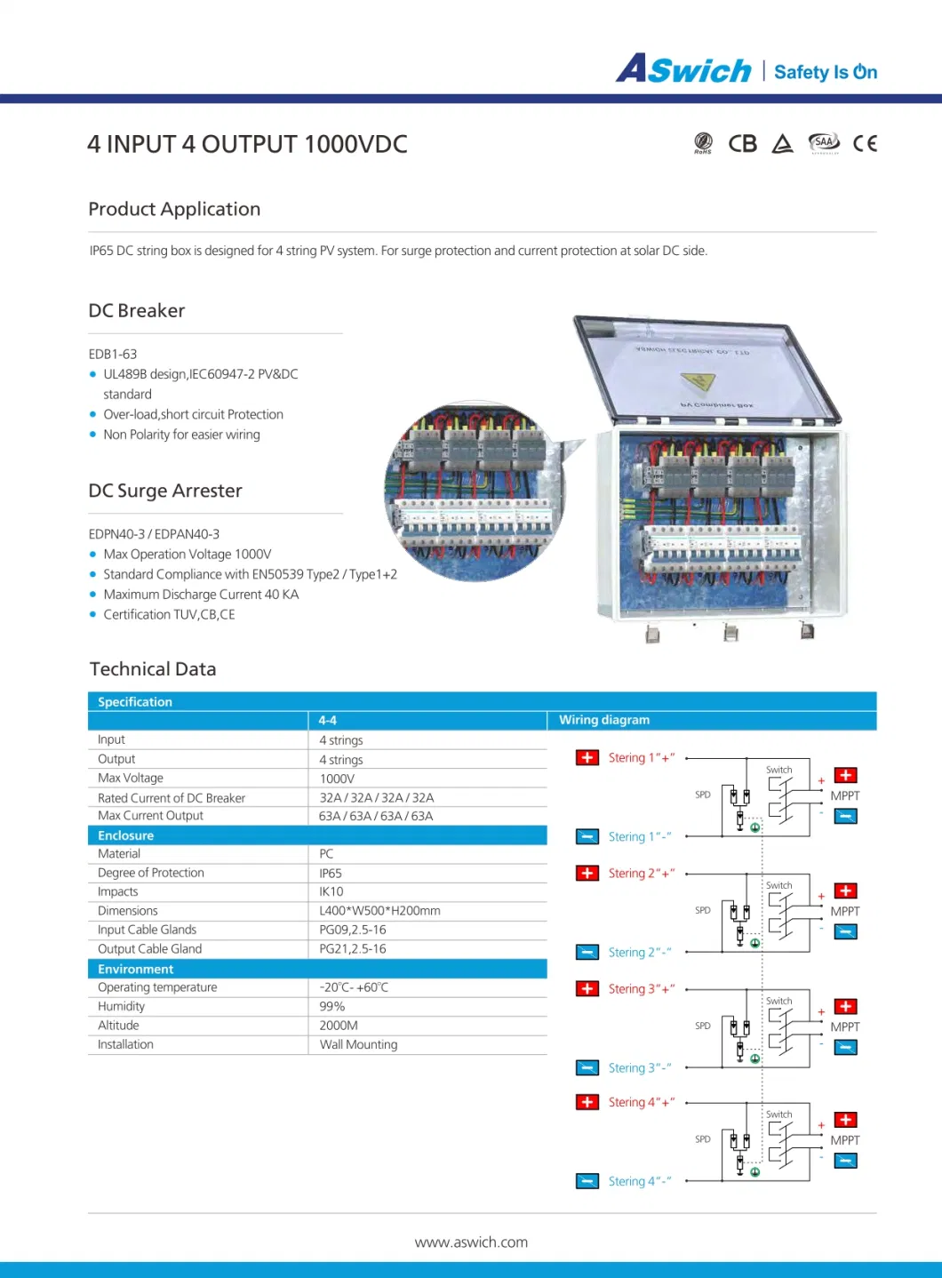 IP65 DC 4 String PV Combiner Box for Solar PV Arrays Solar Combiner Box DC Solar Junction Box for Panel System Designed Combiner Box