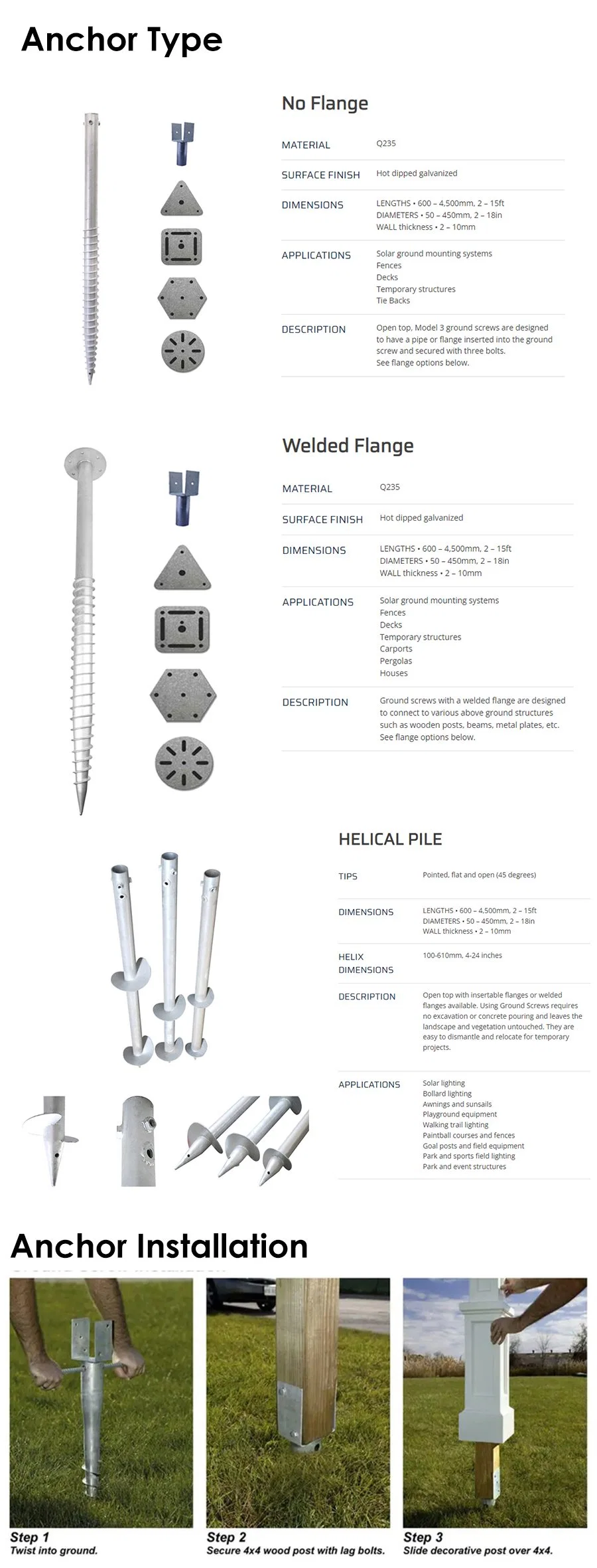 Galvanized Square Flange Spiral Ground Pile Earth Screw Anchor Fence