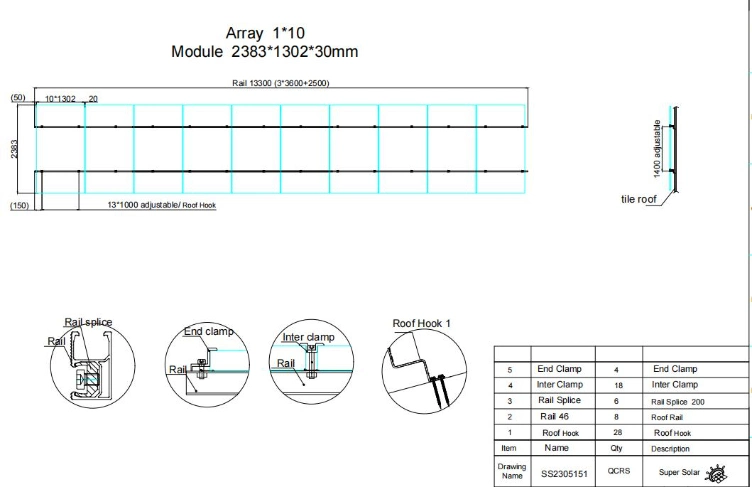 Tile Hooks for Solar Solar Panel Mounting on Roof Rooftop System