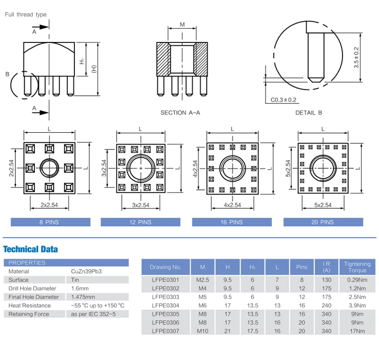 Press Fit with Internal Threaded PCB Terminal Block 7461059 7461090 7461060