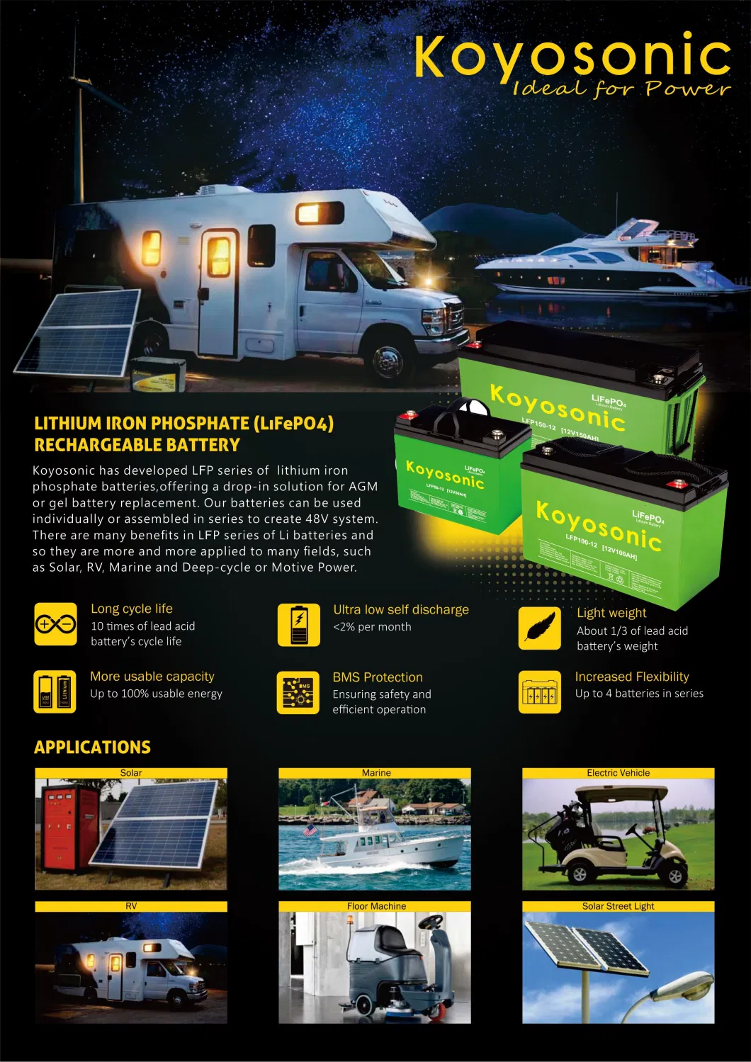 LiFePO4 Battery 12V 50ah 100ah 200ah 300ah Deep Cycle 12.8V Solar 24V 48V Lithium Ion Battery with BMS for Solar/Camper Van / RV Battery