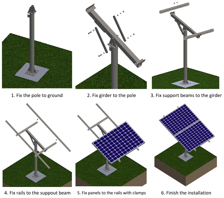 Hot Sale Aluminum Ground Concrete Mount Solar Farm Screw Pole Stand System for 4, 6, 8 Pieces PV Panels