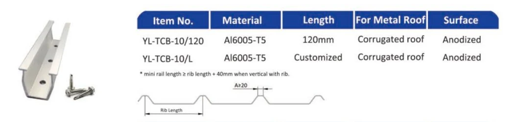 Railless Aluminium Mounting Structure Trapezoidal Metal Roof Solar Panel Mounting Structure Mini Rail 120mm 200mm 250mm