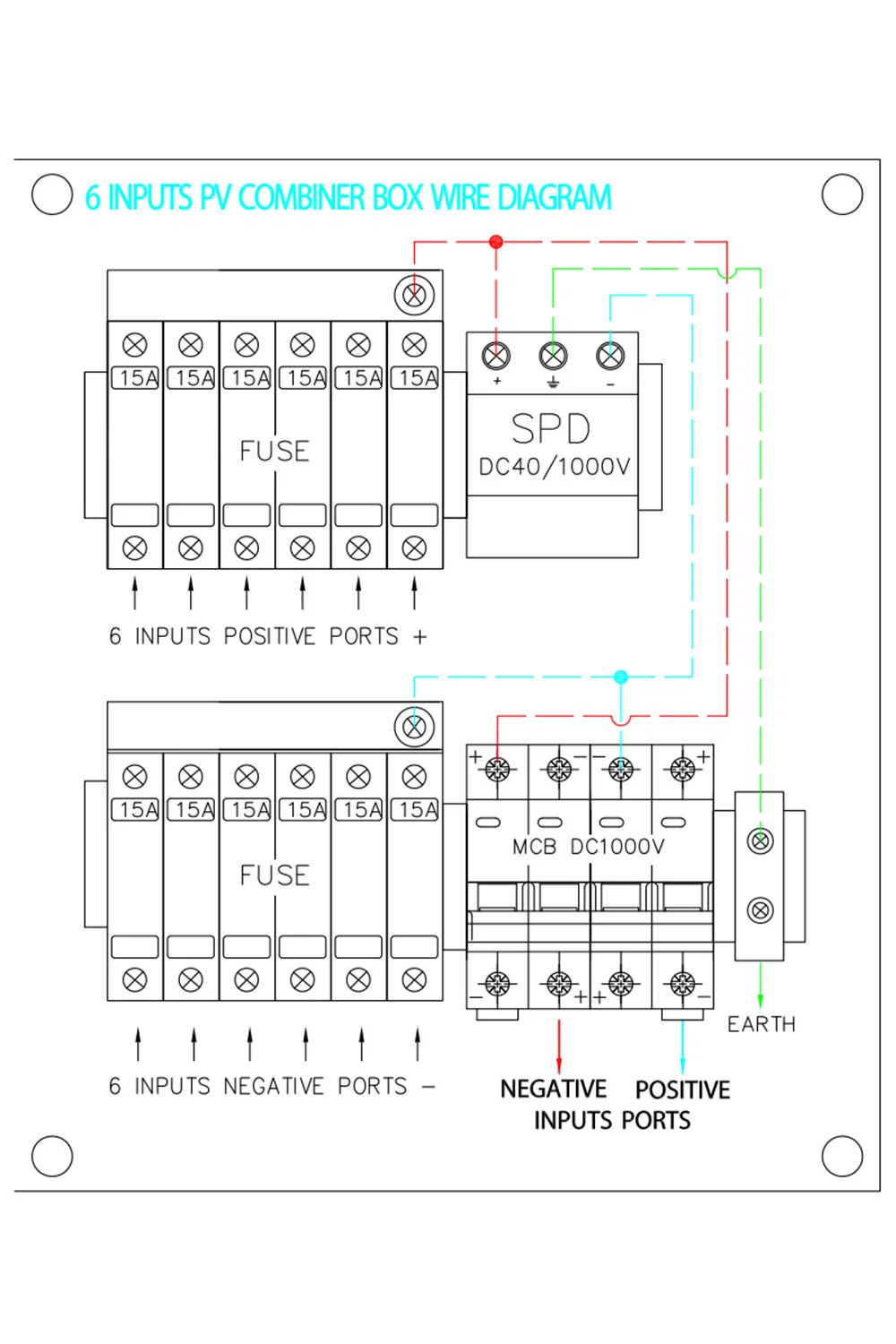 PV4/1 Solar PV Array Combiner Box 4 in 1 out 4 Strings 15A 1000V DC Solar Junction Box for Solar System IP65 Waterproof Distribution Box with SPD and Fuse