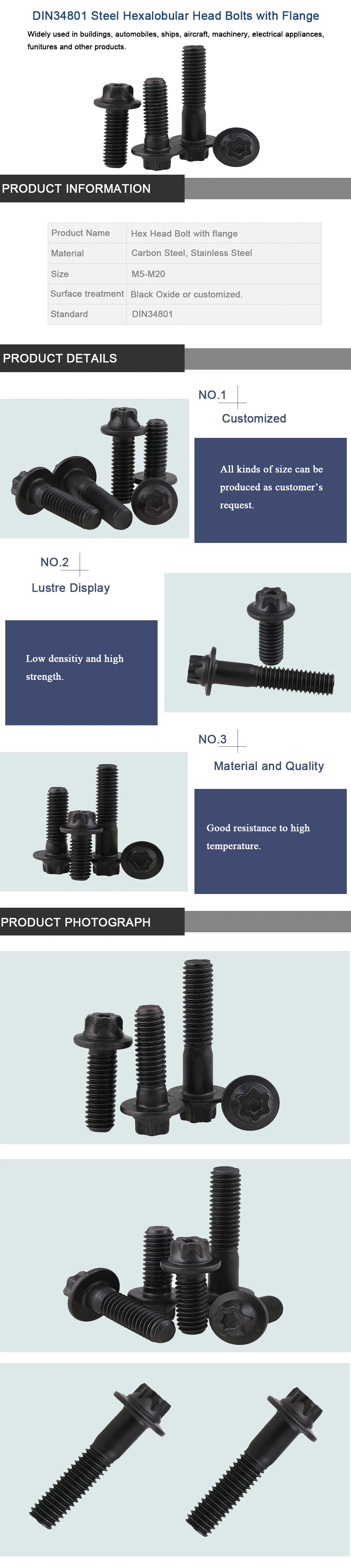 Customized Carbon Steel Oxide Black Hexalobular Head Large Flange Bolt