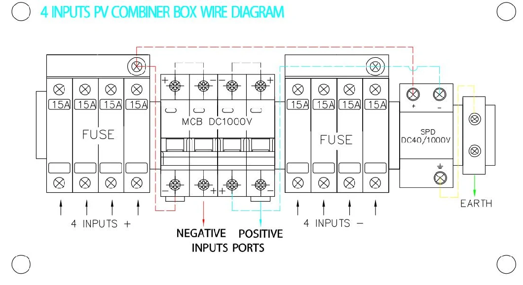 PV4/1 Solar PV Array Combiner Box 4 in 1 out 4 Strings 15A 1000V DC Solar Junction Box for Solar System IP65 Waterproof Distribution Box with SPD and Fuse