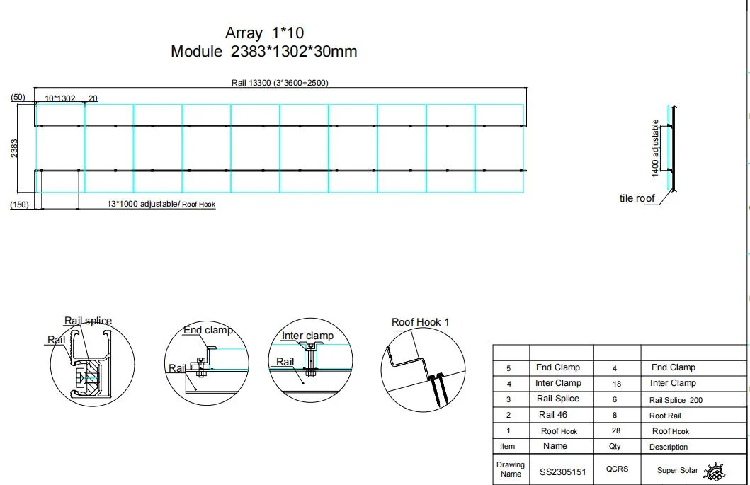 Solar Power SUS304 Roof Hook Solars Framing for Spanish Tiles