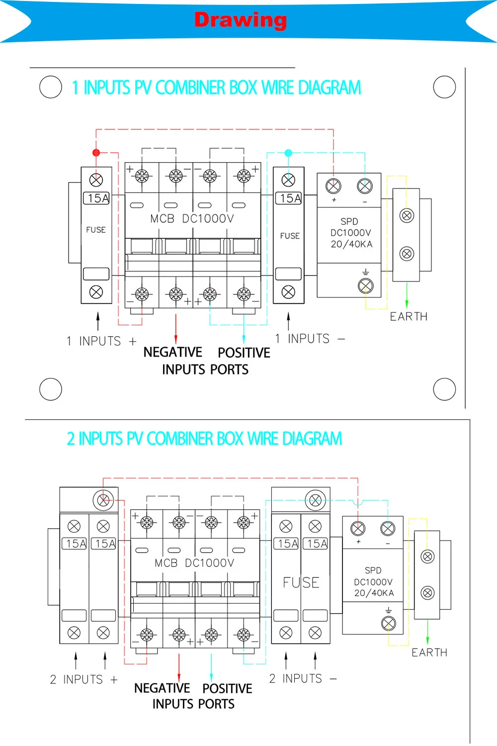 PV4/1 Solar PV Array Combiner Box 4 in 1 out 4 Strings 15A 1000V DC Solar Junction Box for Solar System IP65 Waterproof Distribution Box with SPD and Fuse