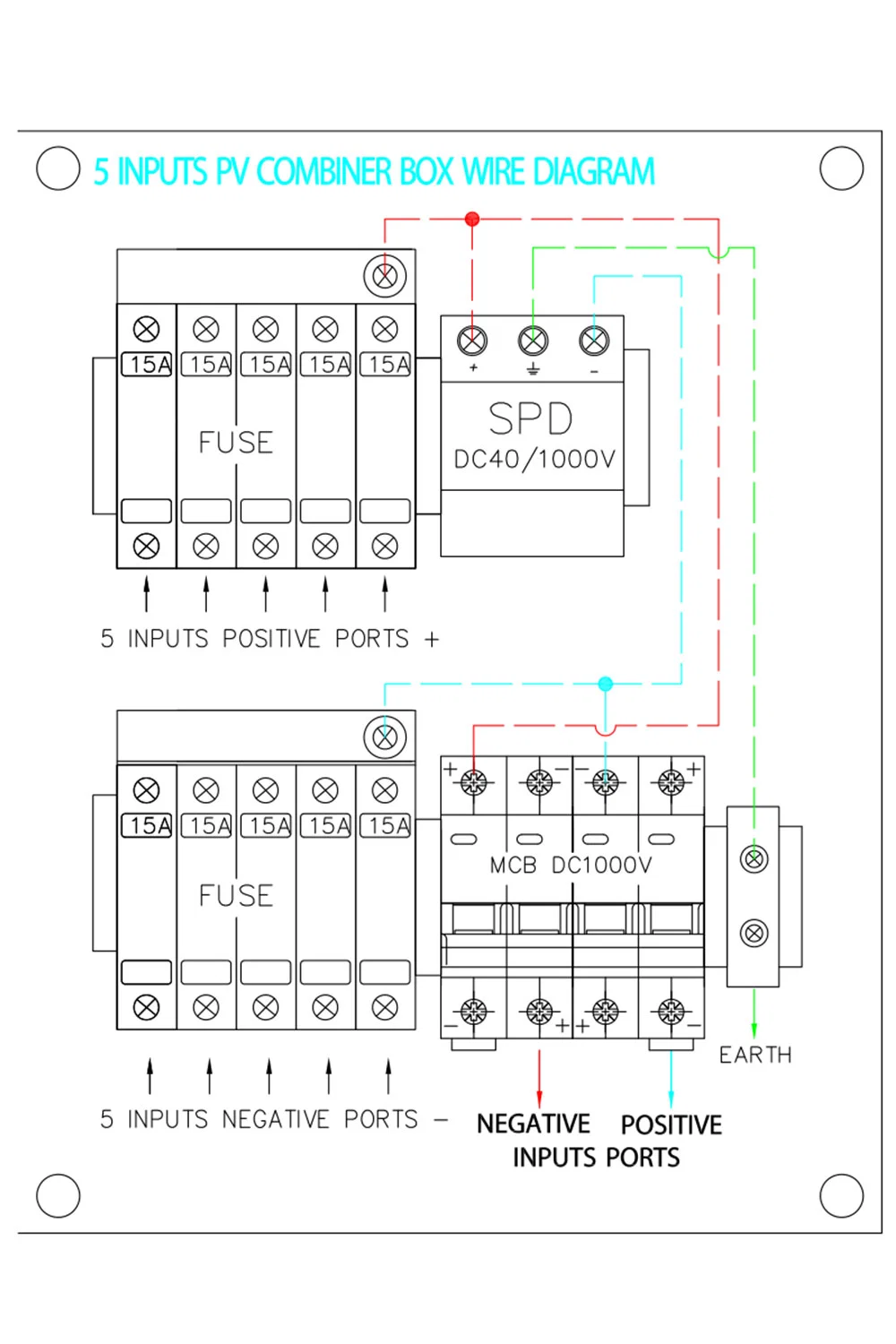 PV4/1 Solar PV Array Combiner Box 4 in 1 out 4 Strings 15A 1000V DC Solar Junction Box for Solar System IP65 Waterproof Distribution Box with SPD and Fuse