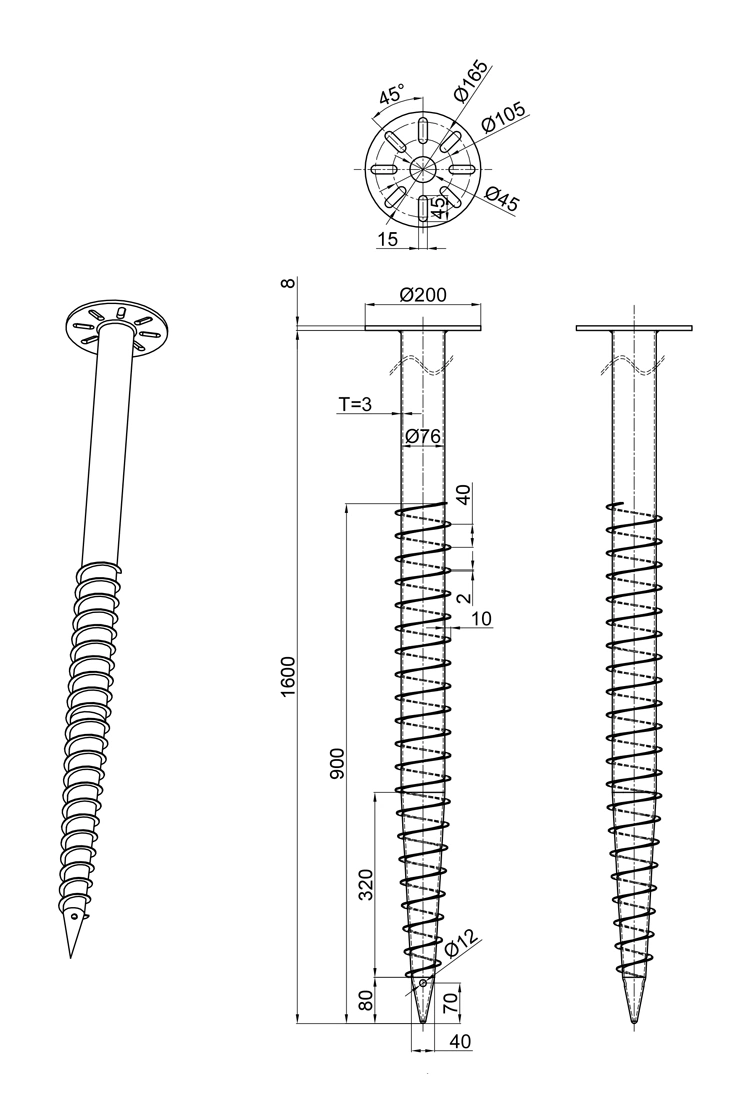 Photovoltaic Installation PV Panel Ground Screw 1600mm Helical Piles Foundation