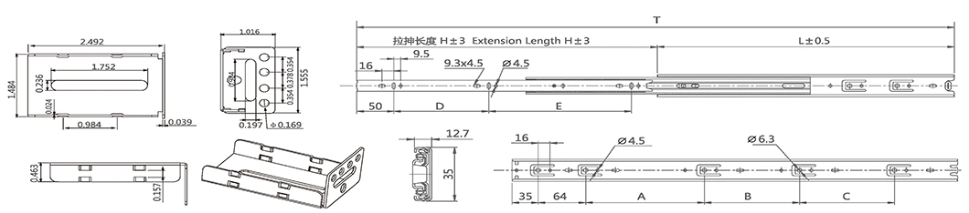 3510 Zinc Plated Ball Bearing Drawer Rail with Full Extension Function for Office Drawer