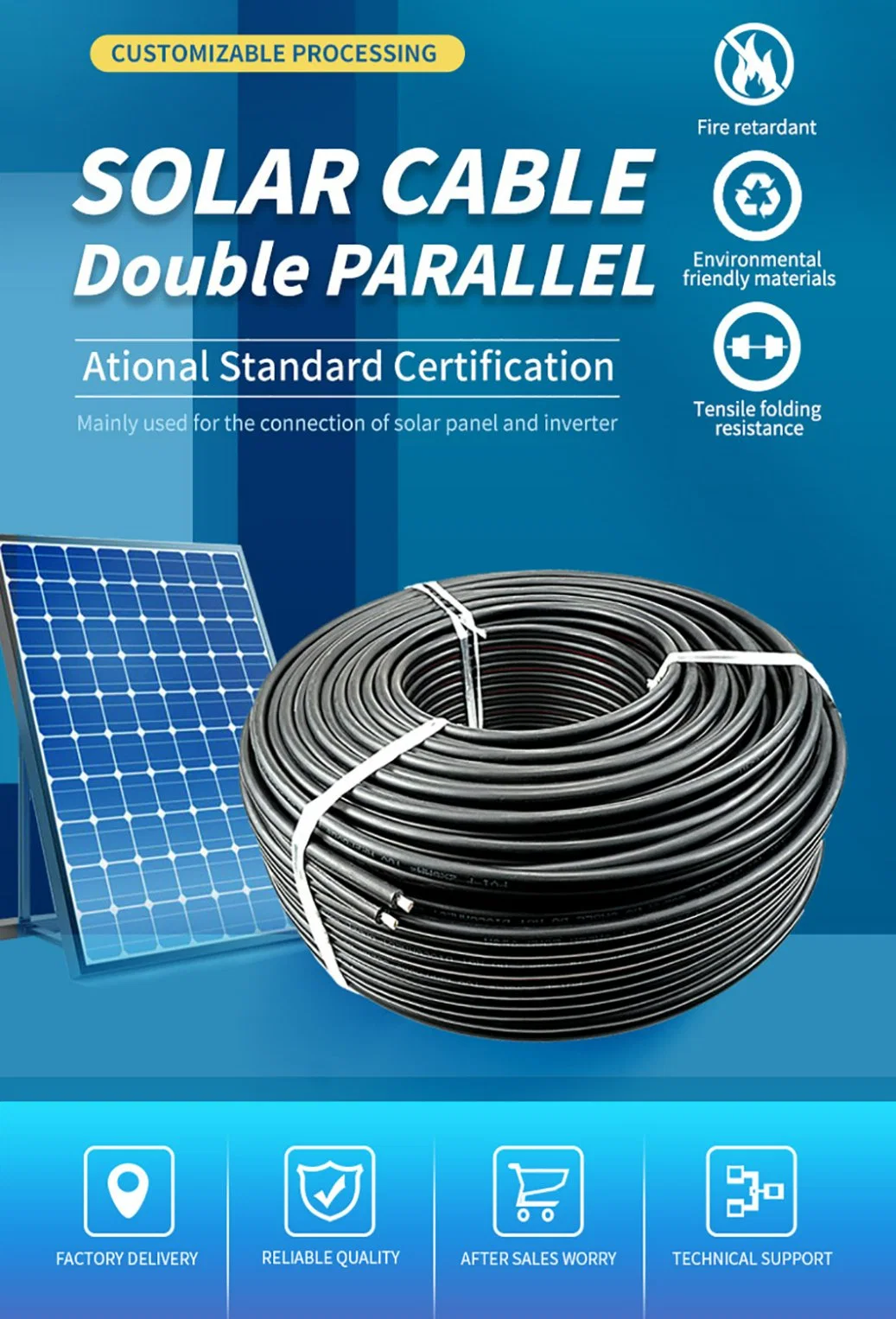 Solar Panel Power PV Cable 2X10mm2 Twin Flat Core Electric Copper Wire Harness