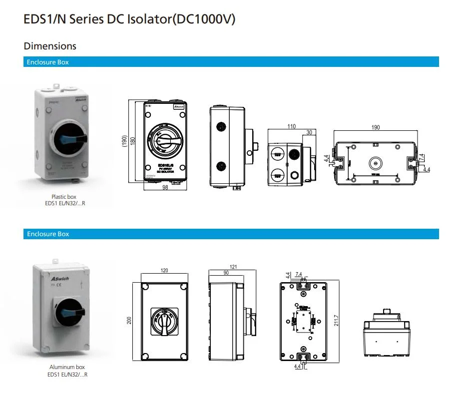 IP66 Eds1-32 Waterproof DC 1000V 1200V 32A 4pole Isolator Isolation Disconnect Switch with Solar Connector Mc4