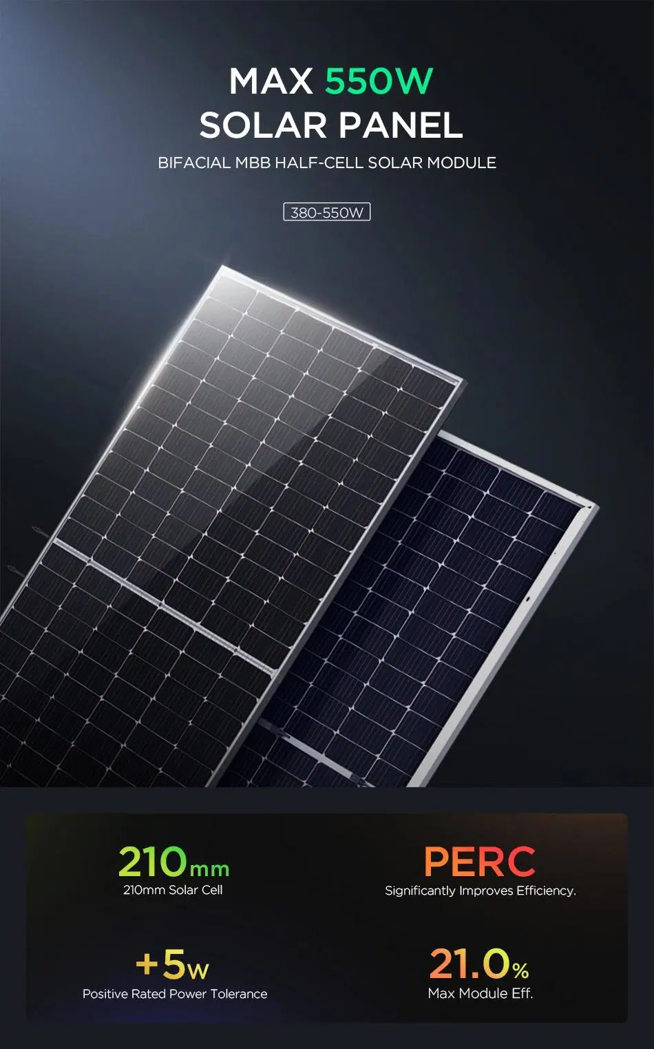 1868 Alicosolar Bifacial Solar Panel 500W 510W 520W Dual Glass Solar PV Module Mono 530W 540W 550W 560W 600W Half Cell 166mm