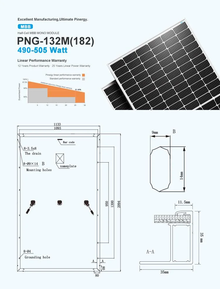 PNG Mono PV Solar Module 490W 495W 500W 505W Solar Photovoltaic Panel Monocrystalline 132 Solar Cells