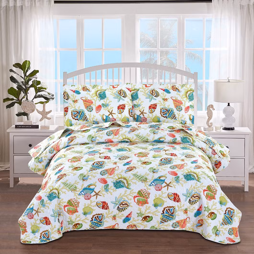 Coastal Quilt Set Lightweight Home Summer Bedspreads King Size, 3PCS Beach Conch Seashell Coverlet Set