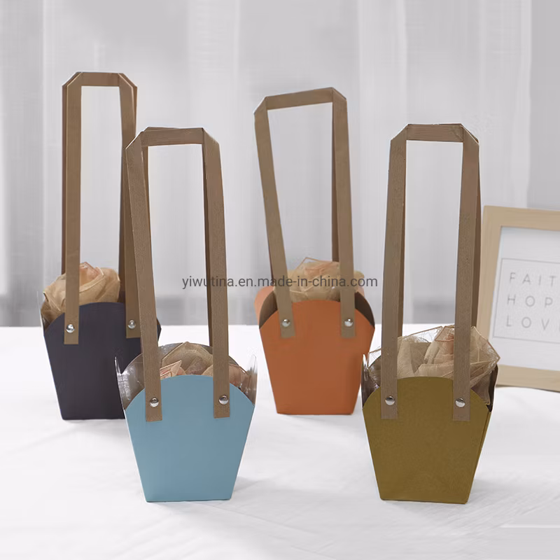 Trapezoid Kraft Paper Flower Bag Waterproof Flower Bag with Plastic Handle