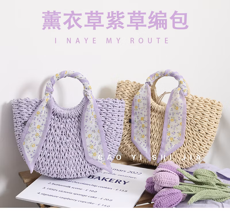 XP2487 Summer Straw Braided Bag Temperament Small Flower Silk Scarf Seaside Holiday Beach Bag for Women