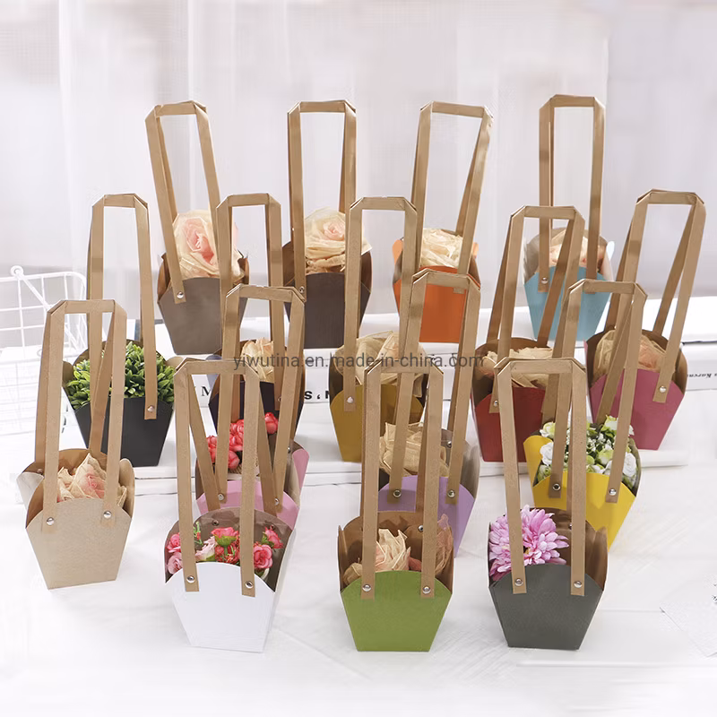 Trapezoid Kraft Paper Flower Bag Waterproof Flower Bag with Plastic Handle