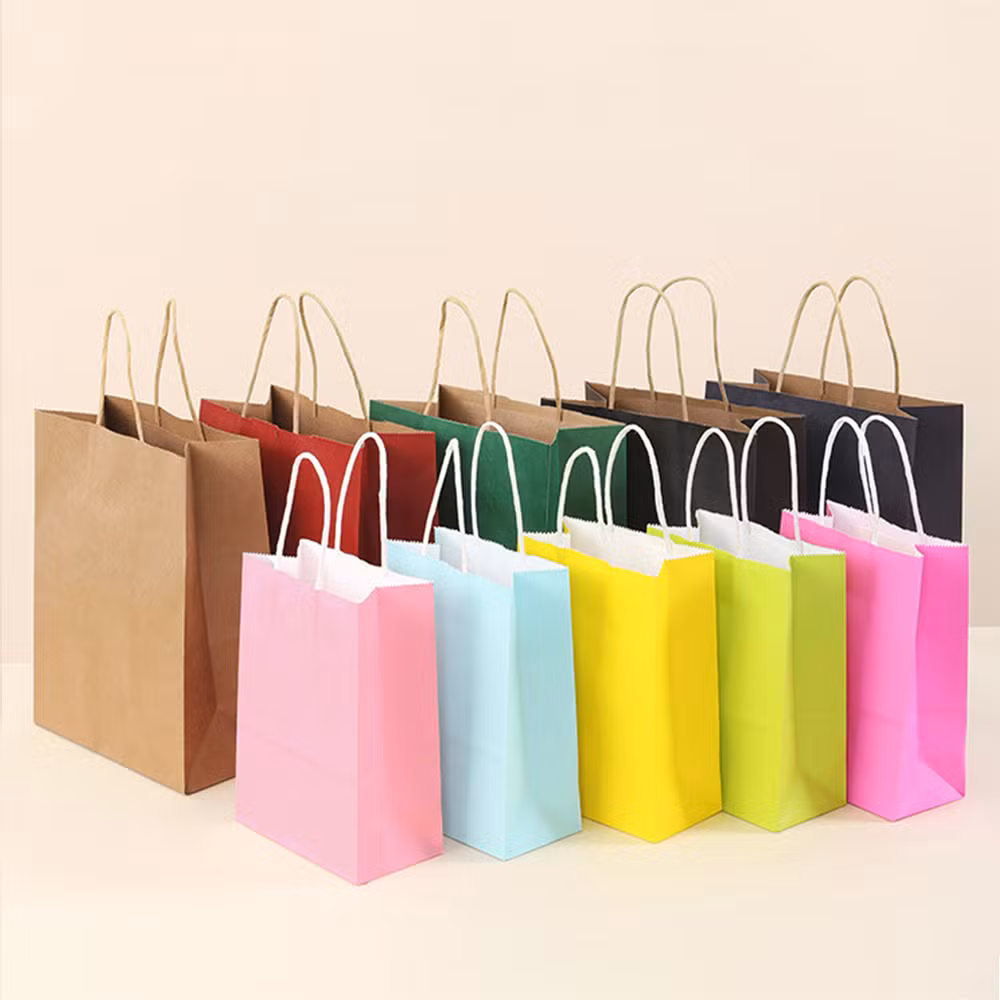 Cat Green Plant Kraft Handles Custom with Your Own Logo Recyclable Shopping Gift Paper Bags