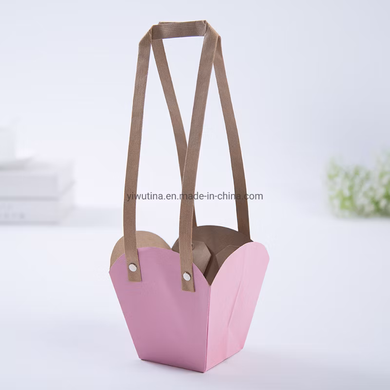 Trapezoid Kraft Paper Flower Bag Waterproof Flower Bag with Plastic Handle