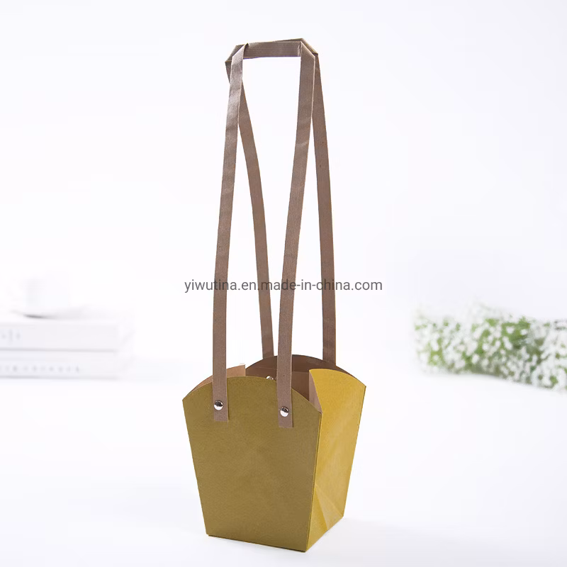 Trapezoid Kraft Paper Flower Bag Waterproof Flower Bag with Plastic Handle
