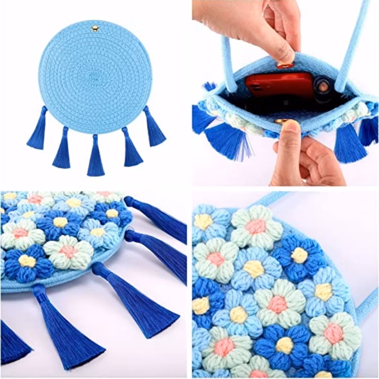 Handwoven Shoulder Bag Summer Beach Cotton Braid Bag with Cute Flower