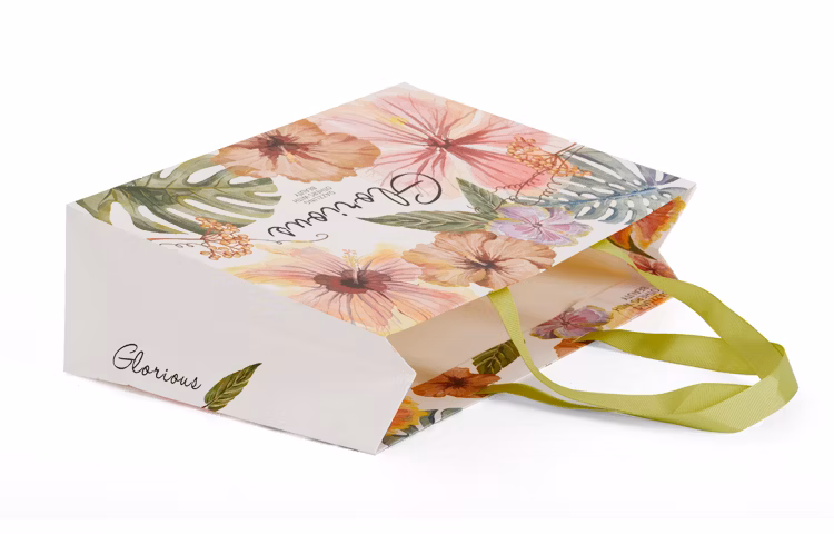 High Quality Colorful Flower White Cardboard Sacs Cadeaux Paper Bag