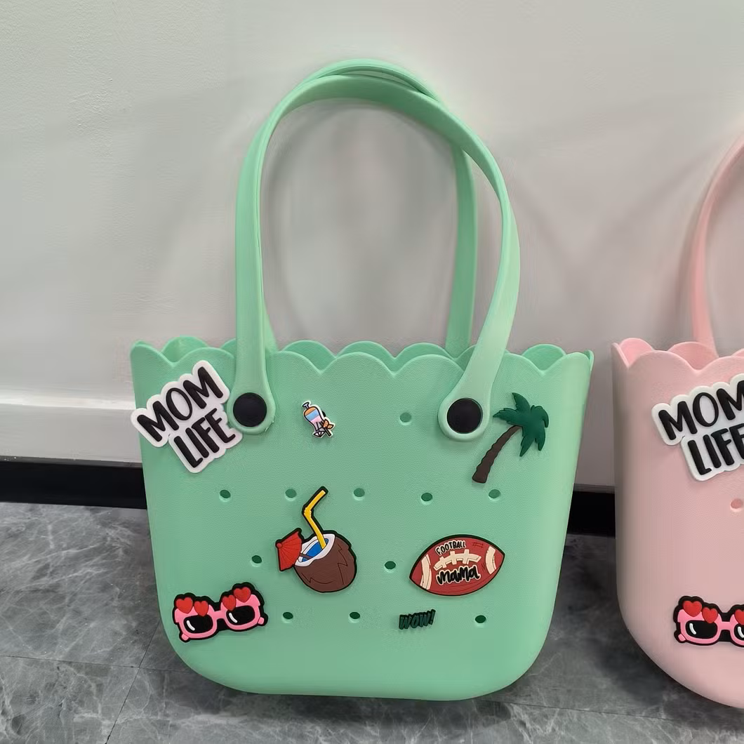 Rubber Silicone Summer Beach Tote Bag with Holes Candy EVA Ladies Handbags Bucket OEM Unisex Flower Bag Lady Bag Blue Color Open