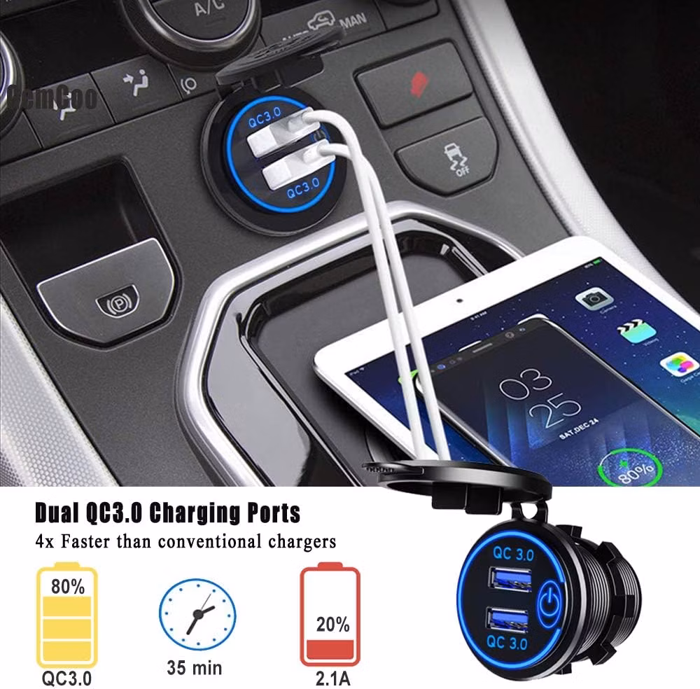 12V USB Outlet 36W QC 3.0 USB Charger Socket with Power Switch, 12V/24V USB Charger Socket Fast Charge for Car RV Boat Marine Truck Golf Motorcycle