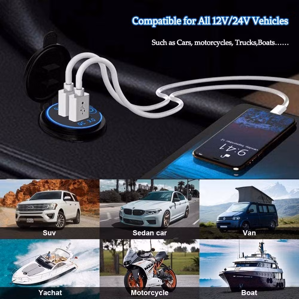 12V USB Outlet 36W QC 3.0 USB Charger Socket with Power Switch, 12V/24V USB Charger Socket Fast Charge for Car RV Boat Marine Truck Golf Motorcycle