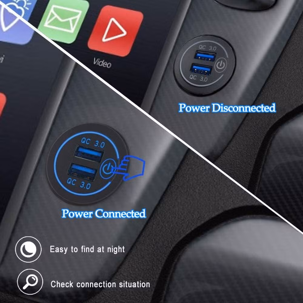 12V USB Outlet 36W QC 3.0 USB Charger Socket with Power Switch, 12V/24V USB Charger Socket Fast Charge for Car RV Boat Marine Truck Golf Motorcycle