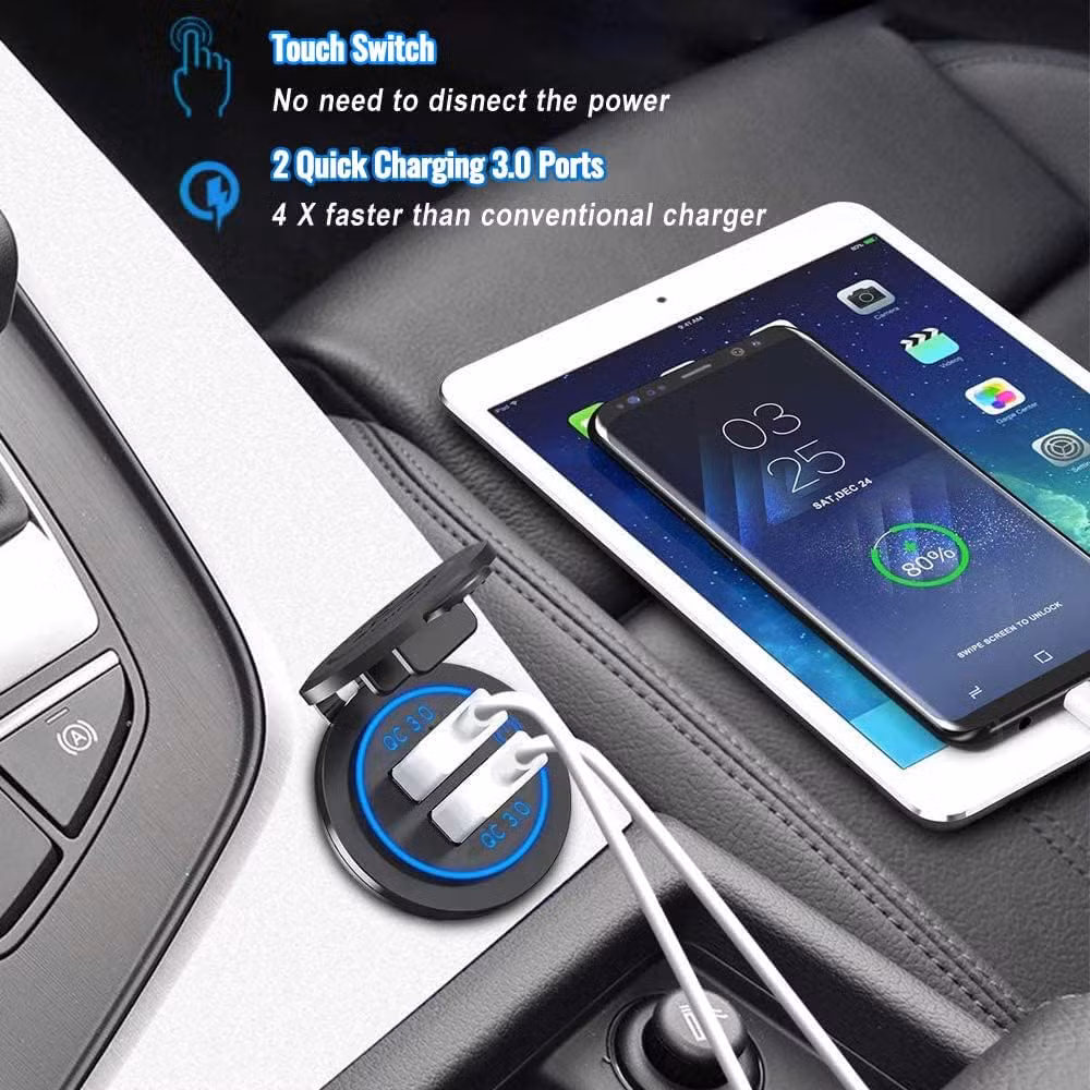 12V USB Outlet 36W QC 3.0 USB Charger Socket with Power Switch, 12V/24V USB Charger Socket Fast Charge for Car RV Boat Marine Truck Golf Motorcycle