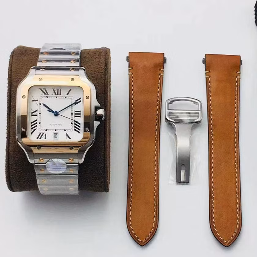 Latest Noob Watch Clean Factory Santoss Smart Link Quickly Change Bracelet About 8.5mm Thickness Rose Gold White Dial with Extra Leather Strap