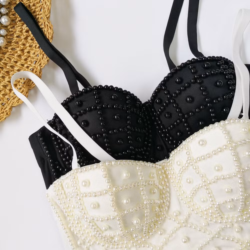 Women Sexy Short Bra Bar Club Pink 5 Color Chest Pad Pearl Suspender Vest Nail Bead Underwears Outer Wear