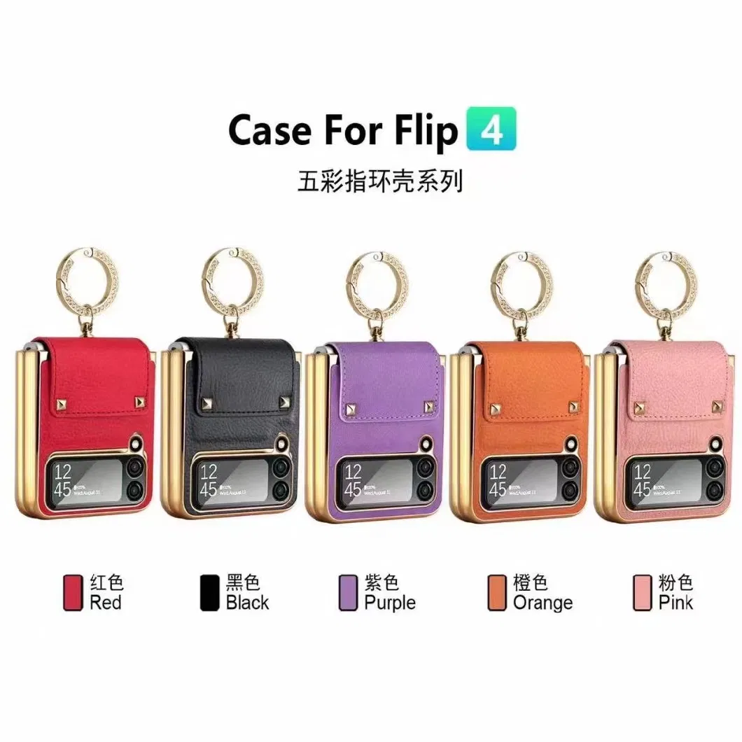 2023 Gold Electroplating PC Frame Litchi Pattern PU Leather Phone Case Bag for Sansung Galaxy Z Flip 4 3 5g Ring Phone Case