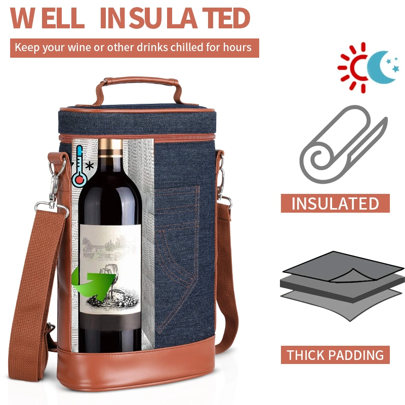 Luxury Denim Canvas Picnic Shoulder Strap Tote Wine Gift Cooler Bag