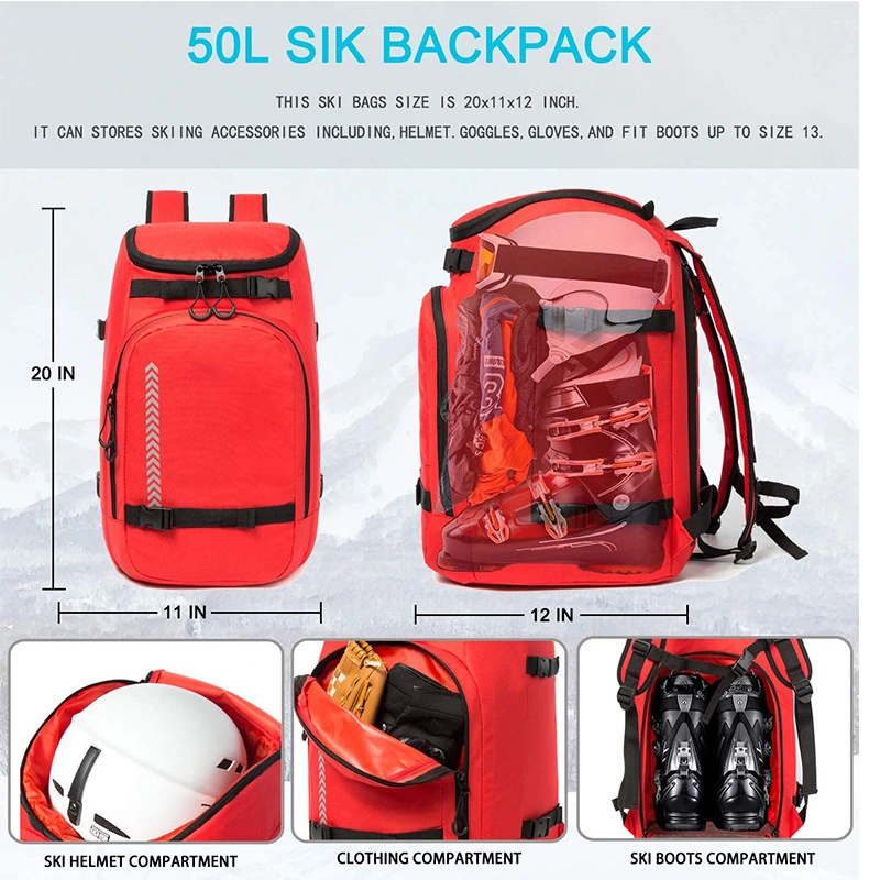 50L Waterproof Ski Boot Bag Backpack for Young Men and Women