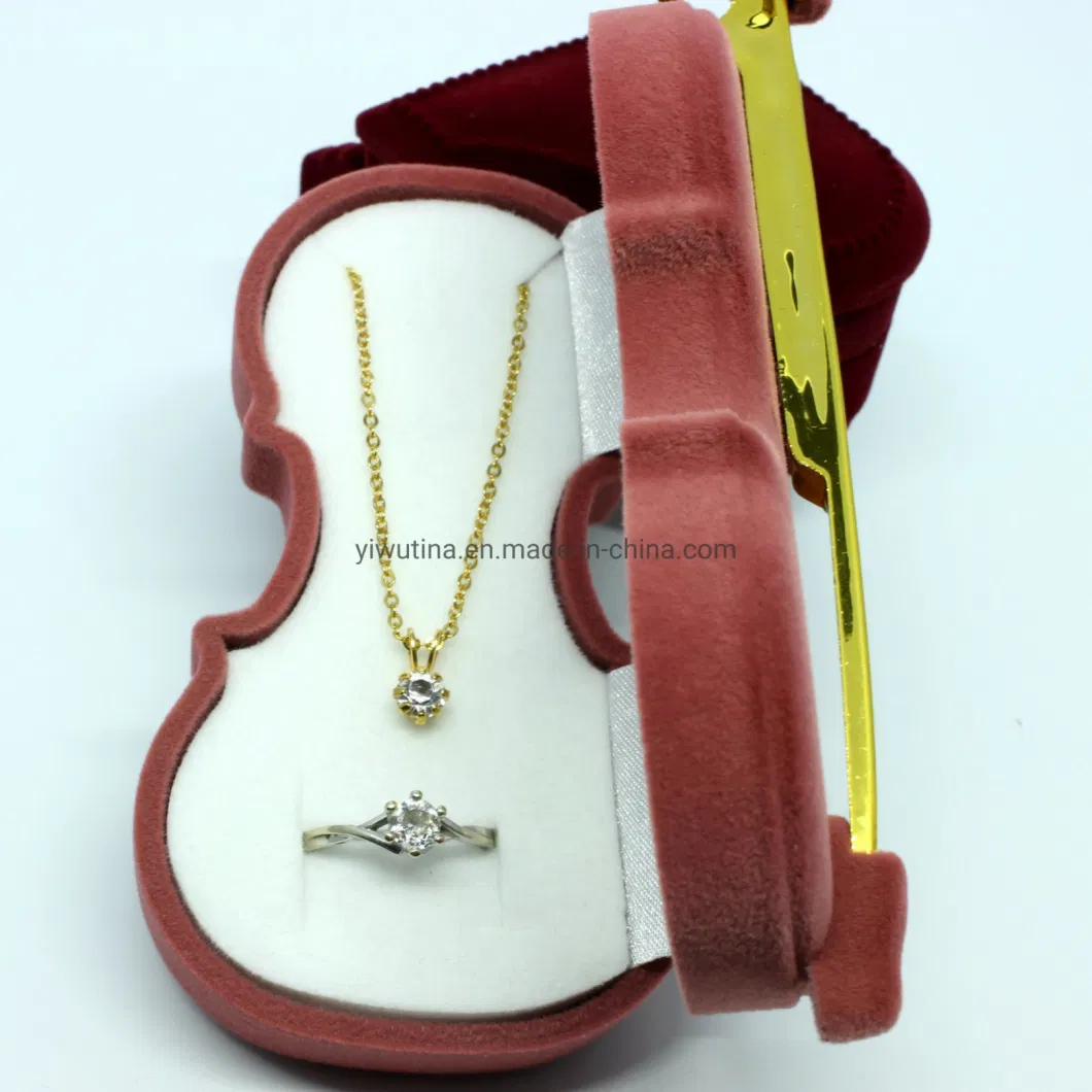 Velvet Violin Shape Ring Jewelry Box Earring Pendant Locket Necklace Case