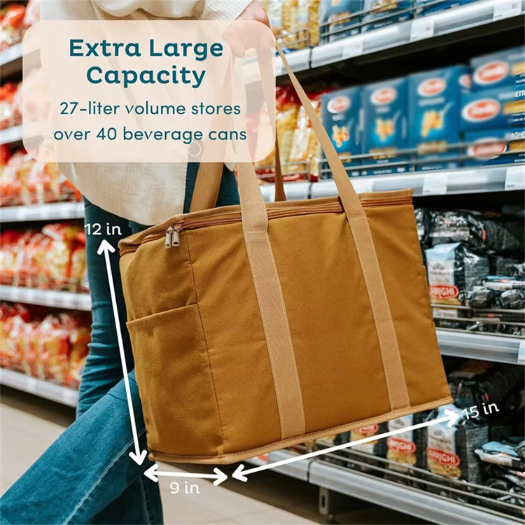 X Large Reusable Durable Canvas Lunch Bag with Zipper Cotton Cooler Bag