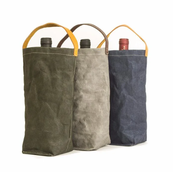 Promotional Customized Logo Champagne Red Wine Beer Bottle Holder Storage Drink Cooler Waxed Canvas Tote Wine Bag with Handle