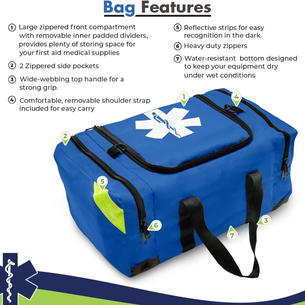 Empty Blue Trauma First Aid Medical Bag First Responder Carrier for EMT, Paramedics, Emergency and Medical Supplies Kit Bag