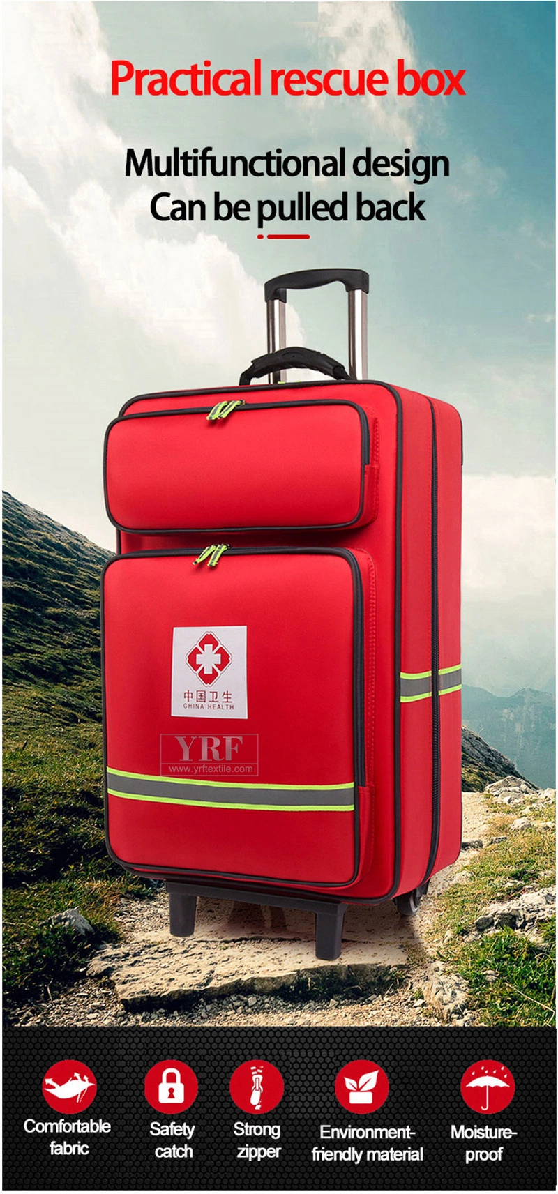 Red Cross Society Humanitarian Aid Empty Pull Rod First Aid Kit Tourniquet Tools General Medical Emergency Bag with or Without First Aid Kits